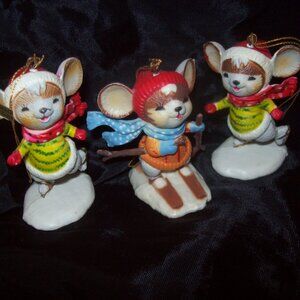 Vintage Plastic Christmas Mouse Ornament Trio